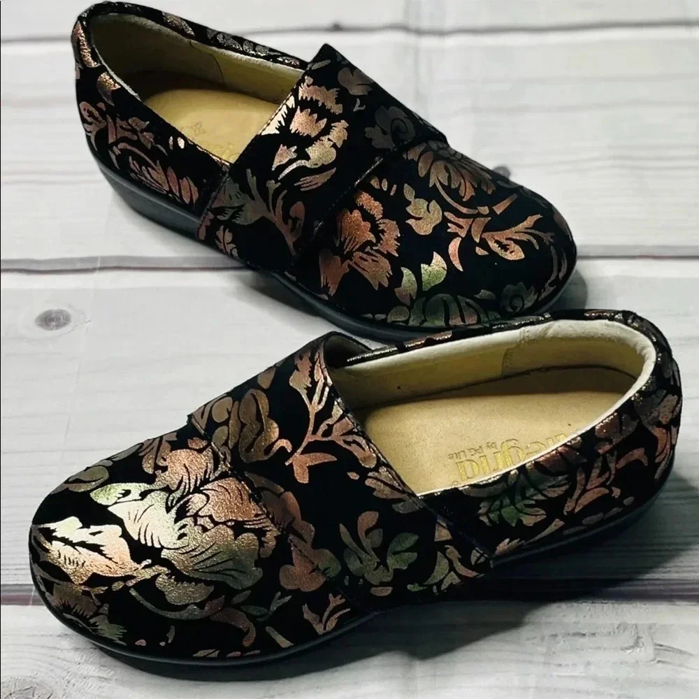 Alegria Lauryn Shoe Black Nubuck Leather Regal‎ Copper Metallic Floral 38W Wide
